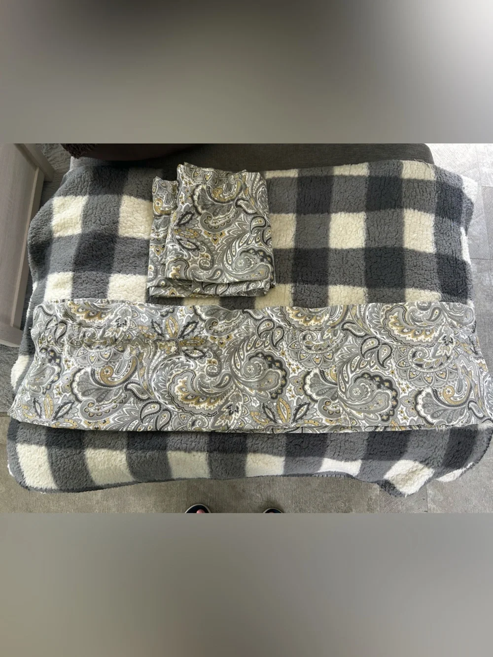 2 Grey and Gold Paisley Valances 74”
